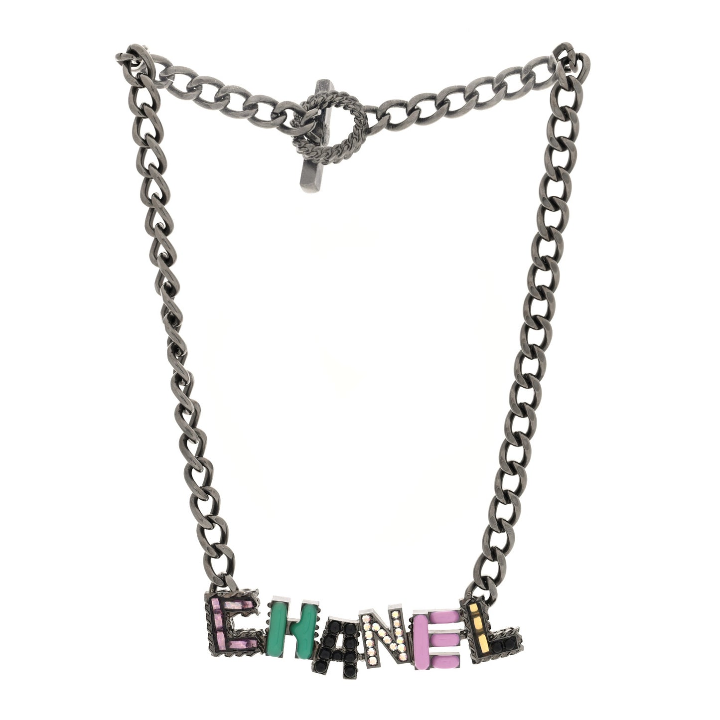 Crystal Enamel Pearl CC Logo Chain Choker Dark Silver Multicolor