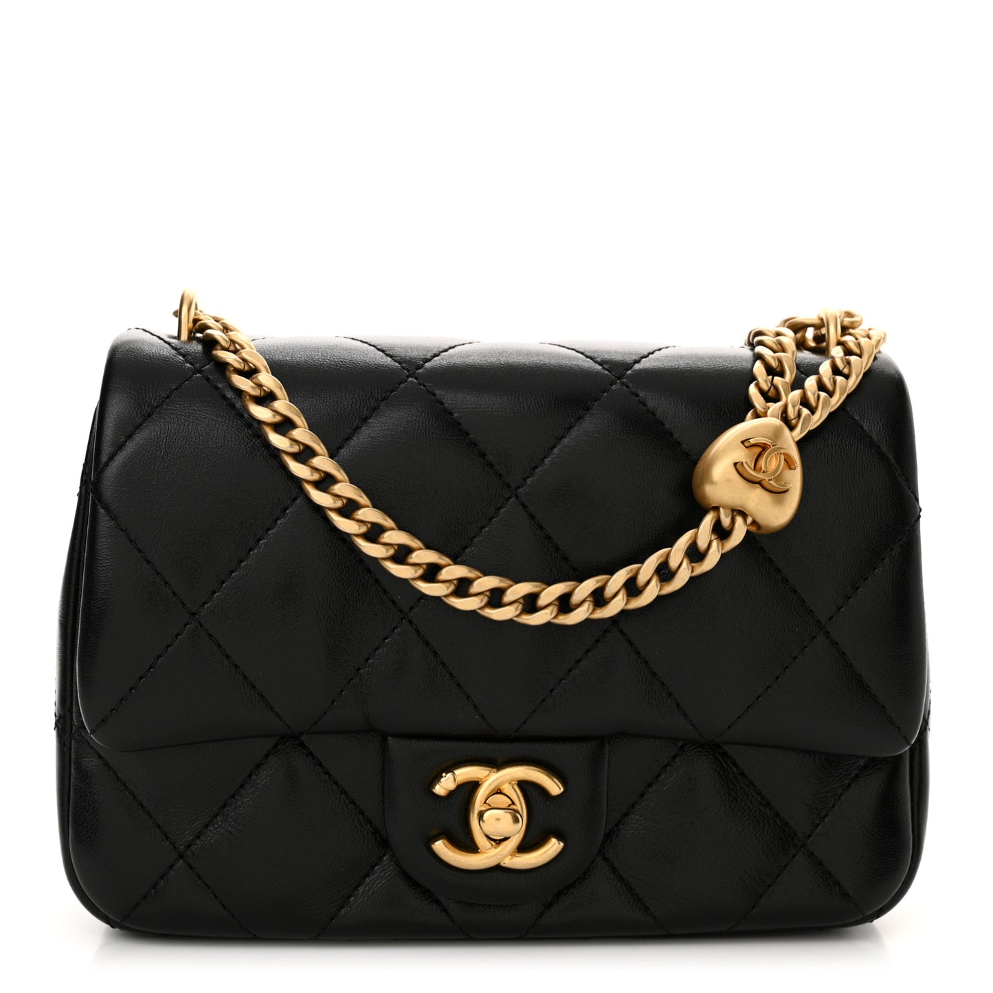 Shiny Lambskin Quilted Mini Sweetheart Flap Black