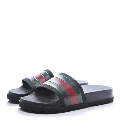 Gucci Rubber Web Mens Lug Sole Slide Sandals 8 Black Green Red 3 of 9
