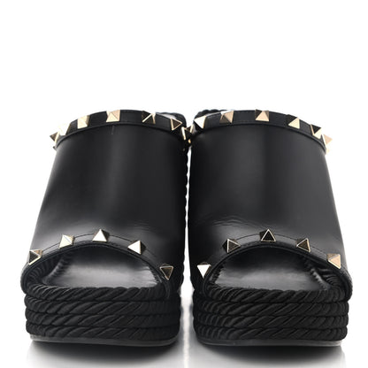 Valentino Garavani Calfskin Silk Rockstud Torchon Espadrille Wedge 25/115mm Slide Sandals 37 Black 2 of 9