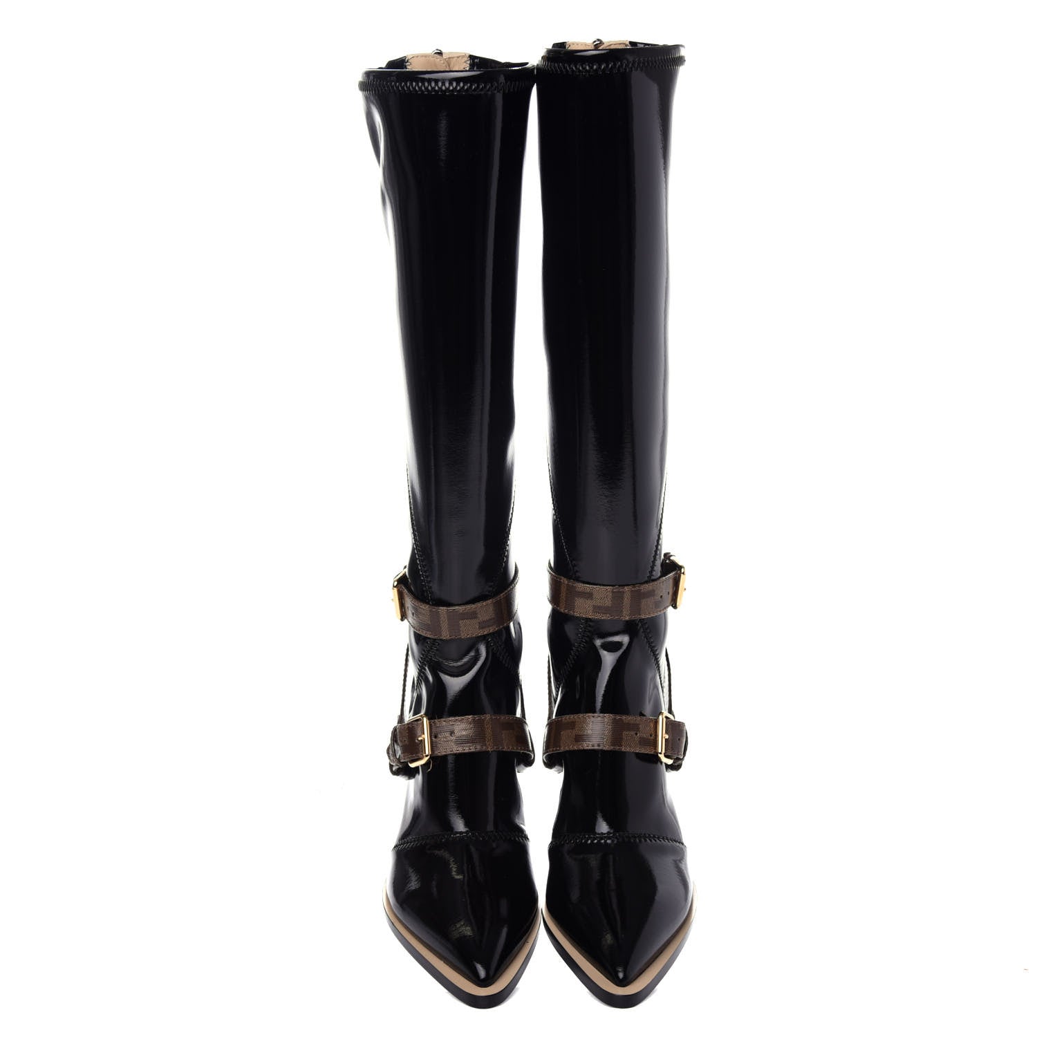 Fendi Glossy Neoprene Glazed Fabric FF FFrame Boots 39 Black Tobacco Moro 5 of 10