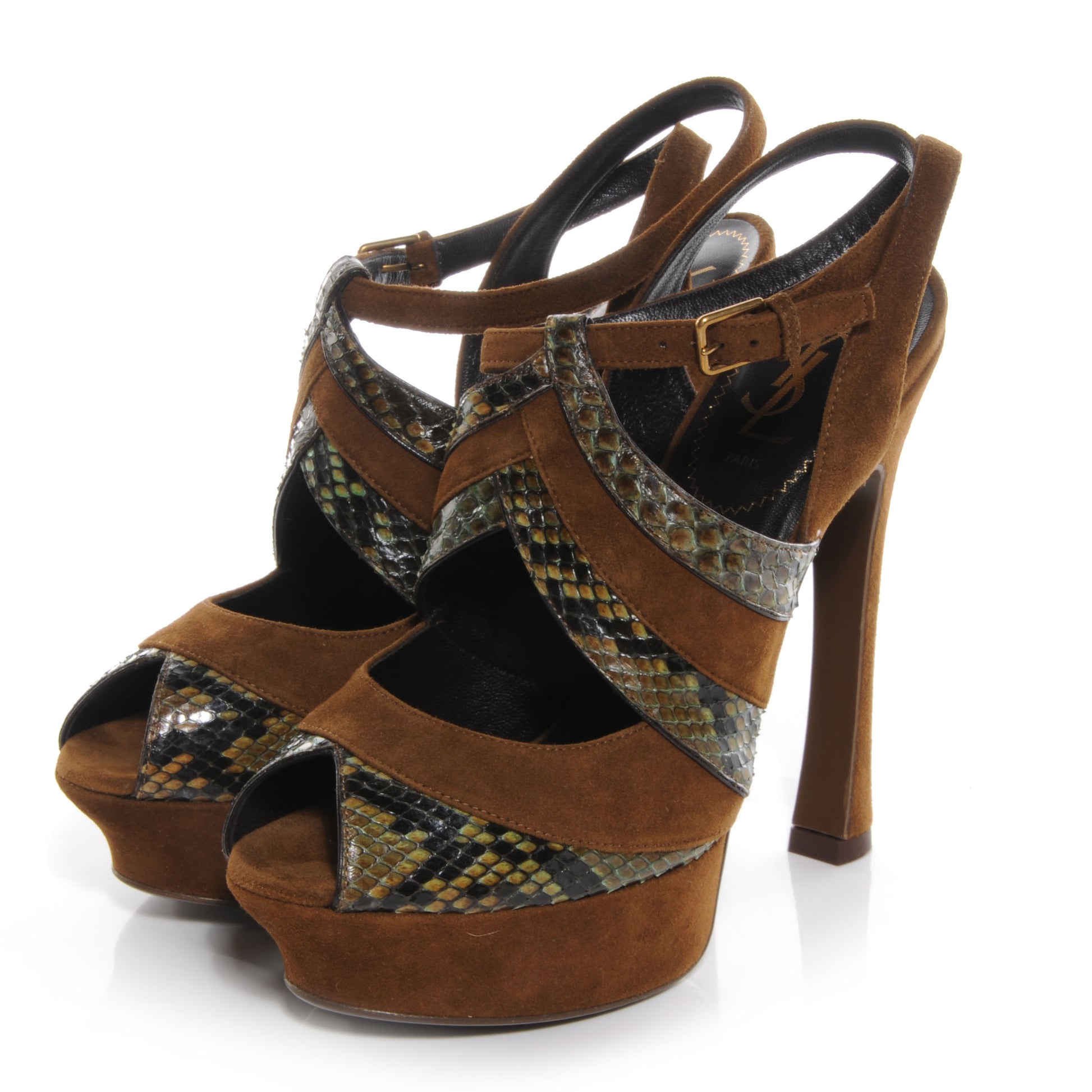 Saint Laurent Suede Python Palais 105 Heels Tobacco and Verde 39 3 of 6