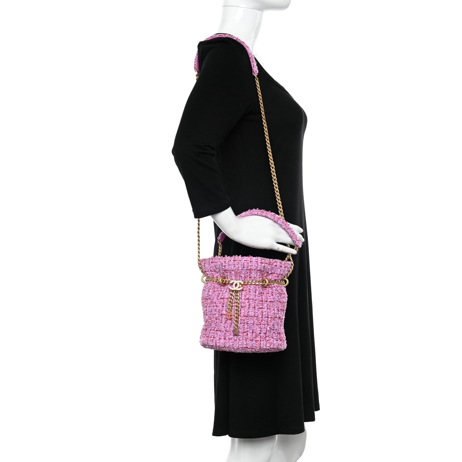 Chanel Tweed Enamel Quilted Pending CC Bucket Drawstring Bag Light Purple Pink Red 2 of 10