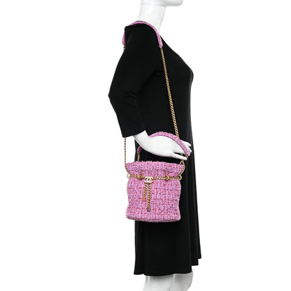 Chanel Tweed Enamel Quilted Pending CC Bucket Drawstring Bag Light Purple Pink Red 2 of 10