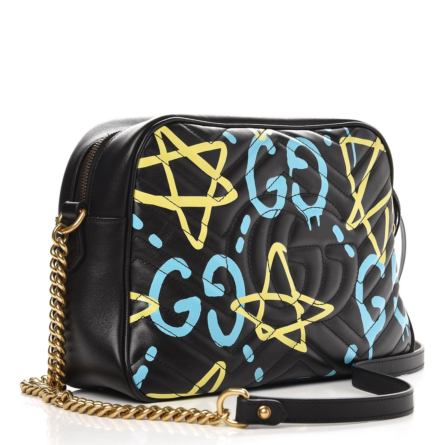Gucci Calfskin Matelasse GucciGhost Medium GG Marmont Chain Shoulder Bag Black New Acquamarine 3 of 8