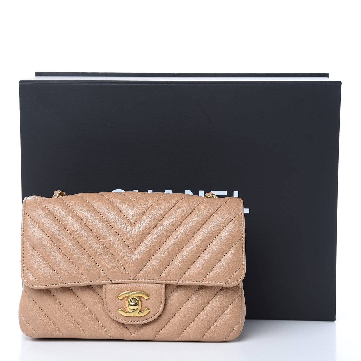 Calfskin Chevron Quilted Mini Rectangular Flap Dark Beige