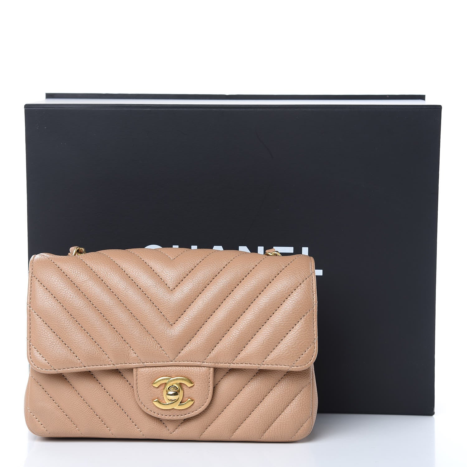 Chanel Calfskin Chevron Quilted Mini Rectangular Flap Dark Beige 11 of 11