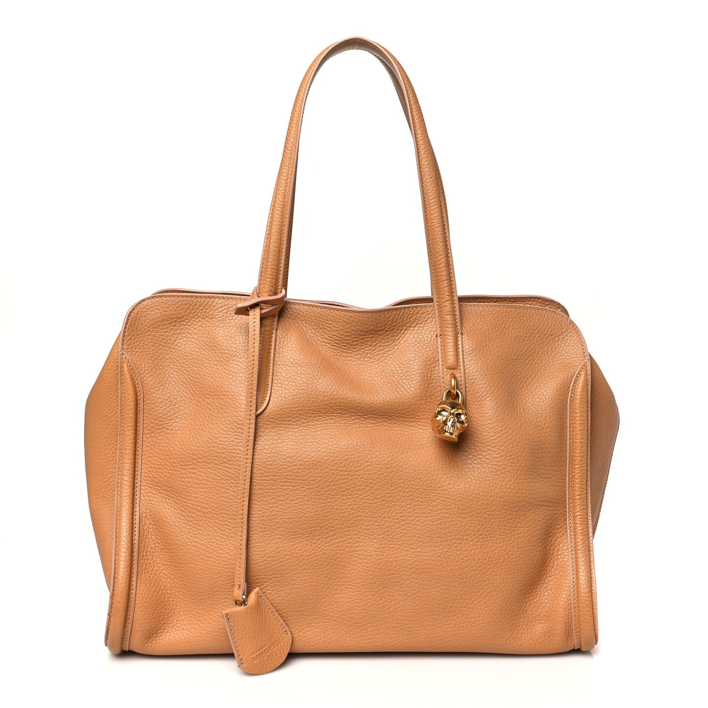 Pebbled Calfskin Large Skull Padlock Zip Around Tote Cognac