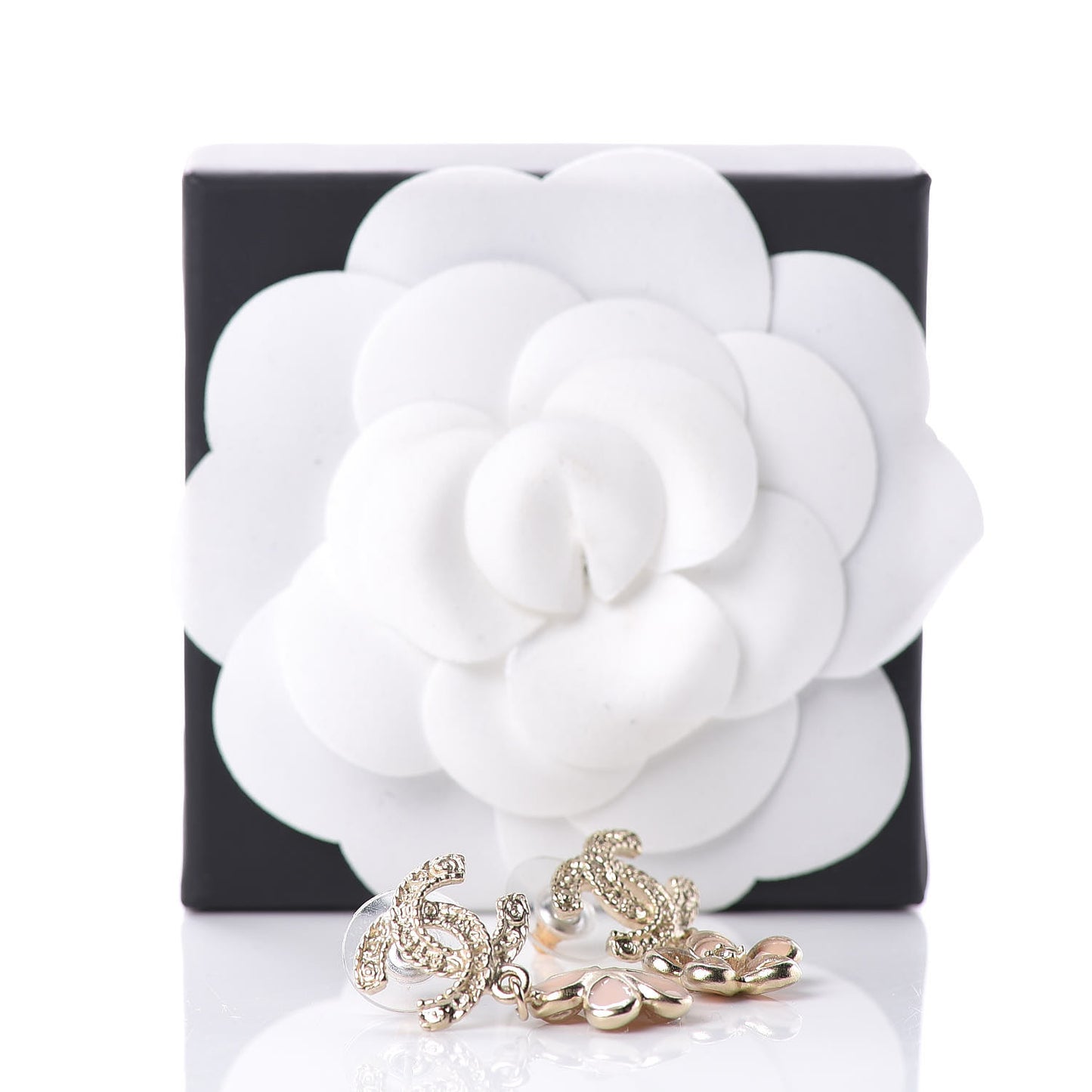 Resin Crystal CC Camellia Drop Earrings Gold Beige