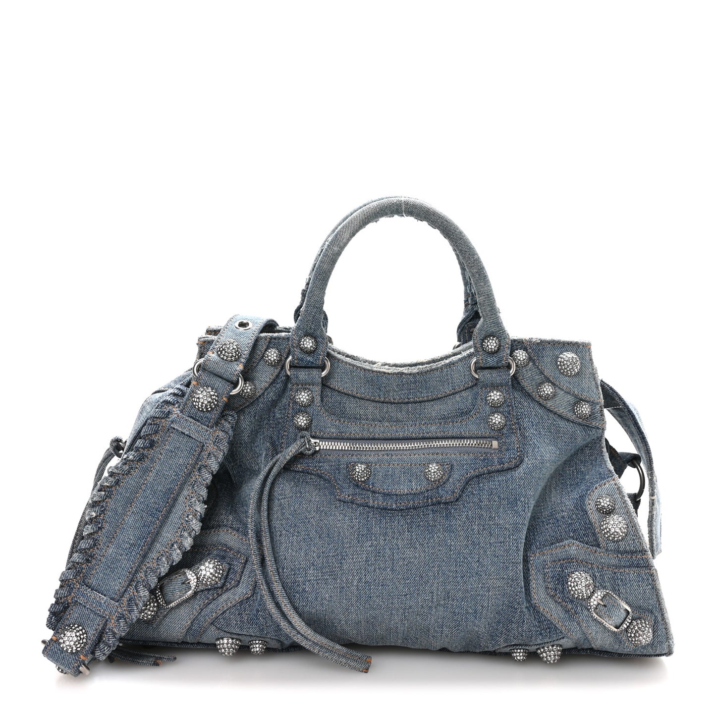 Washed Frayed Denim Crystal Neo Cagole City Handbag Blue
