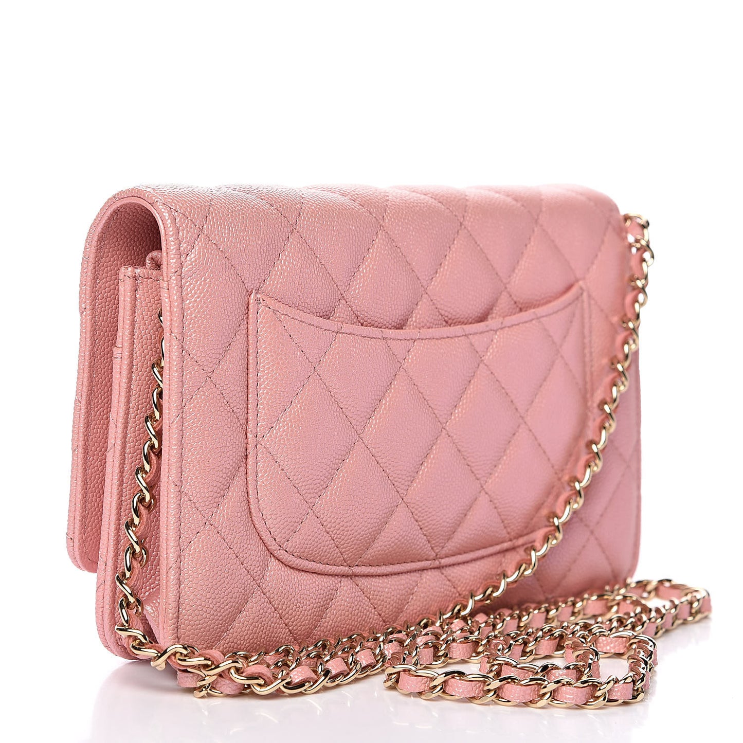 Iridescent Caviar Quilted Wallet on Chain WOC Rose Pink