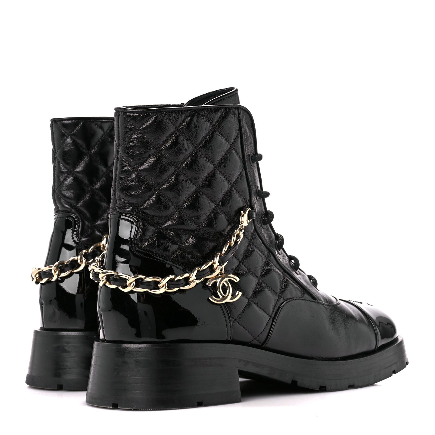 Shiny Calfskin Patent Quilted Chain Lace Up Combat Boots 39 Black