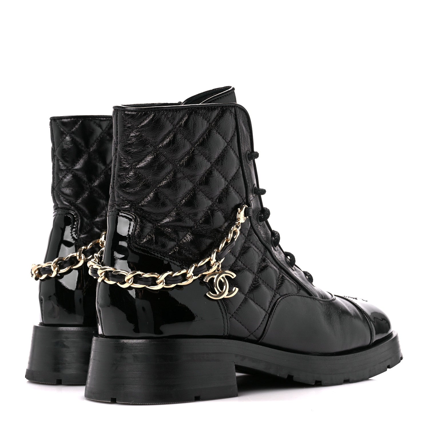 Chanel Shiny Calfskin Patent Quilted Chain Lace Up Combat Boots 39 Black 4 of 9