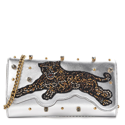 Gucci Metallic Nappa Embellished Tiger Broadway Chain Clutch Silver 1 of 7