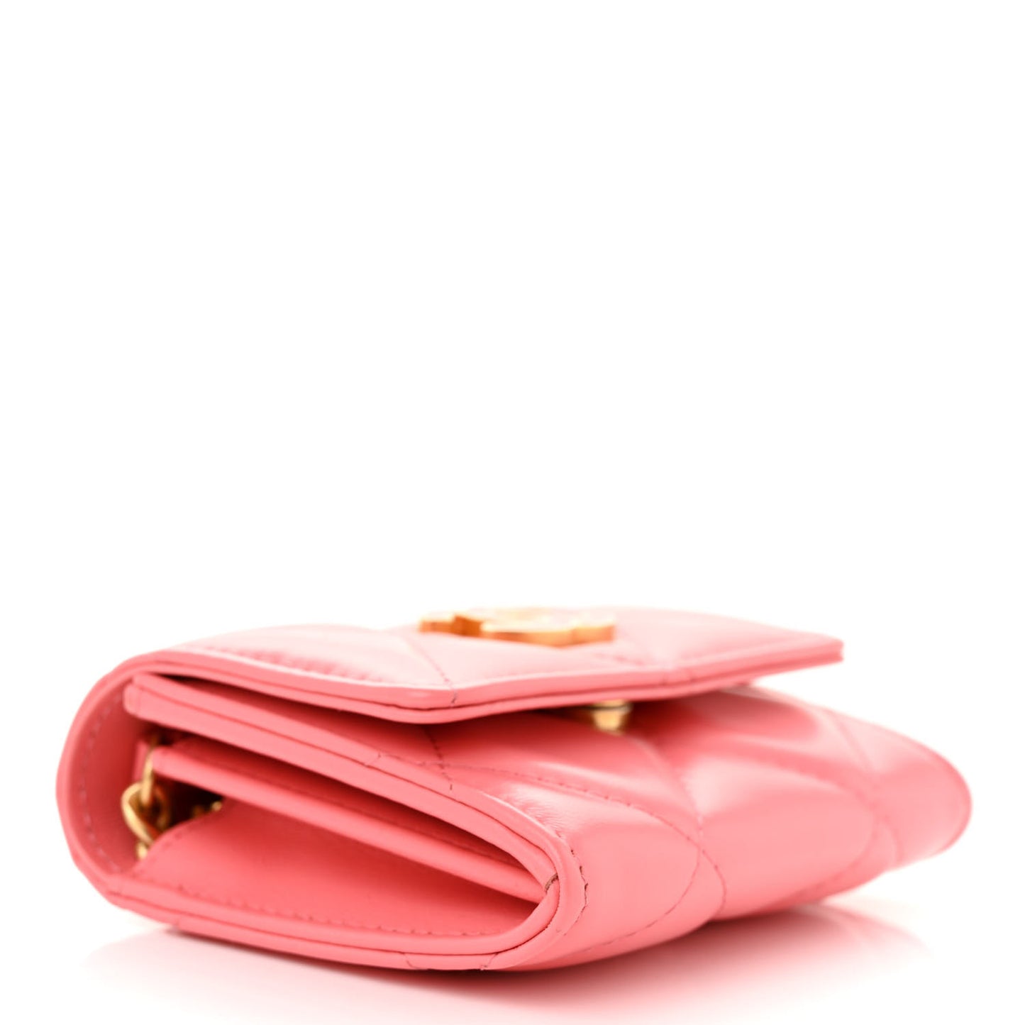 Lambskin Enamel Quilted Pending CC Card Holder On Chain Pink