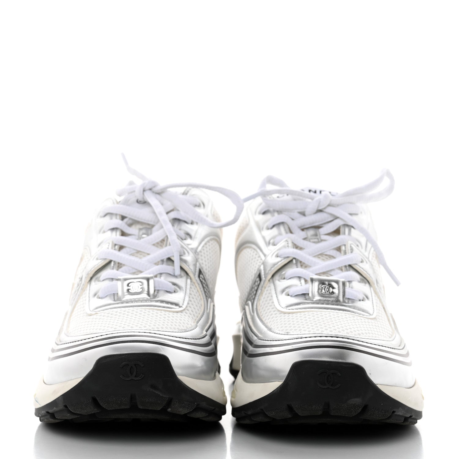 Chanel Fabric Laminated Calfskin Stretch CC Sneakers 41 White Silver 2 of 9