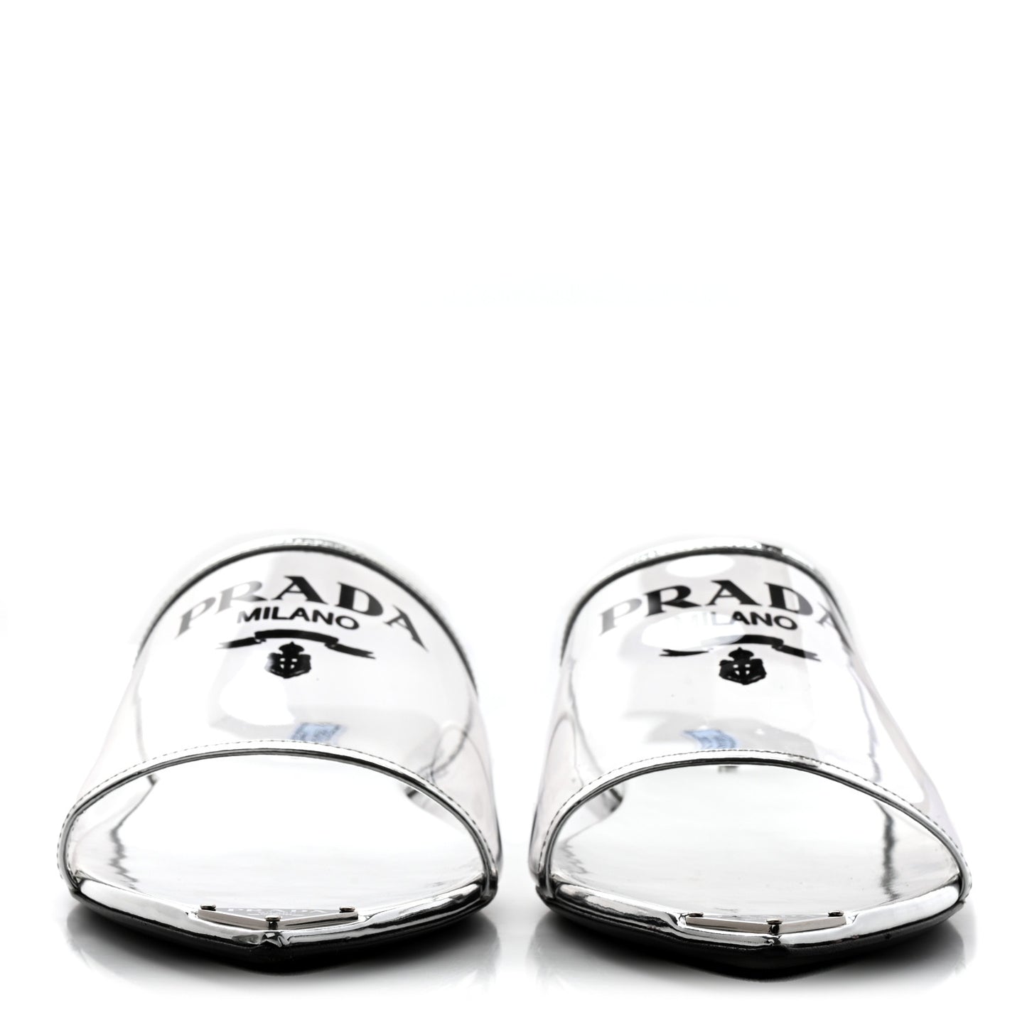Plexiglass Metallic Calfskin Metal Triangle Logo Ciabatte Flat Slide Sandals 40 Argento
