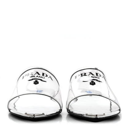 Prada Plexiglass Metallic Calfskin Metal Triangle Logo Ciabatte Flat Slide Sandals 40 Argento 2 of 12