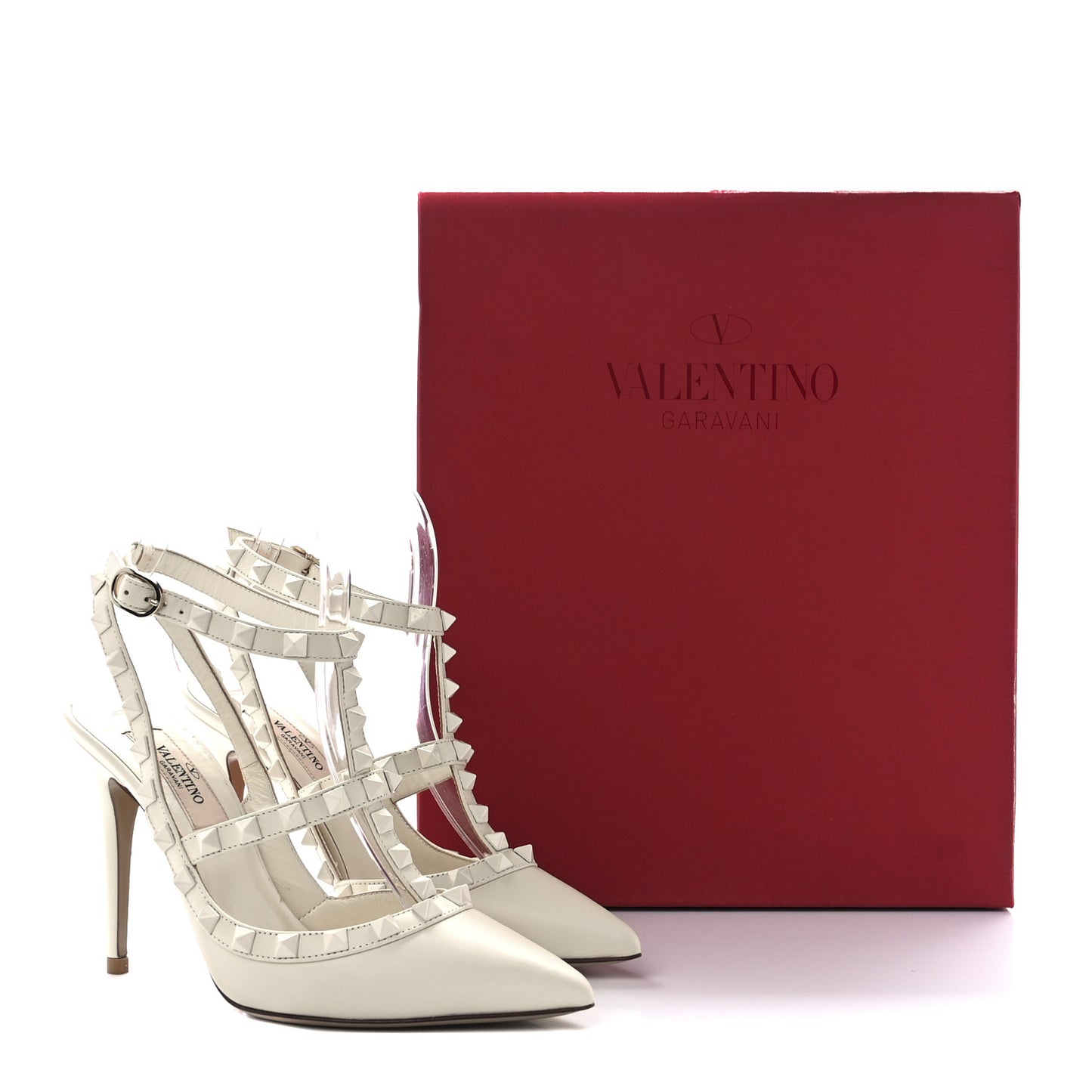 Calfskin Lacquered Monochrome Rockstud Ankle Strap 100mm Pumps 35 Ivory