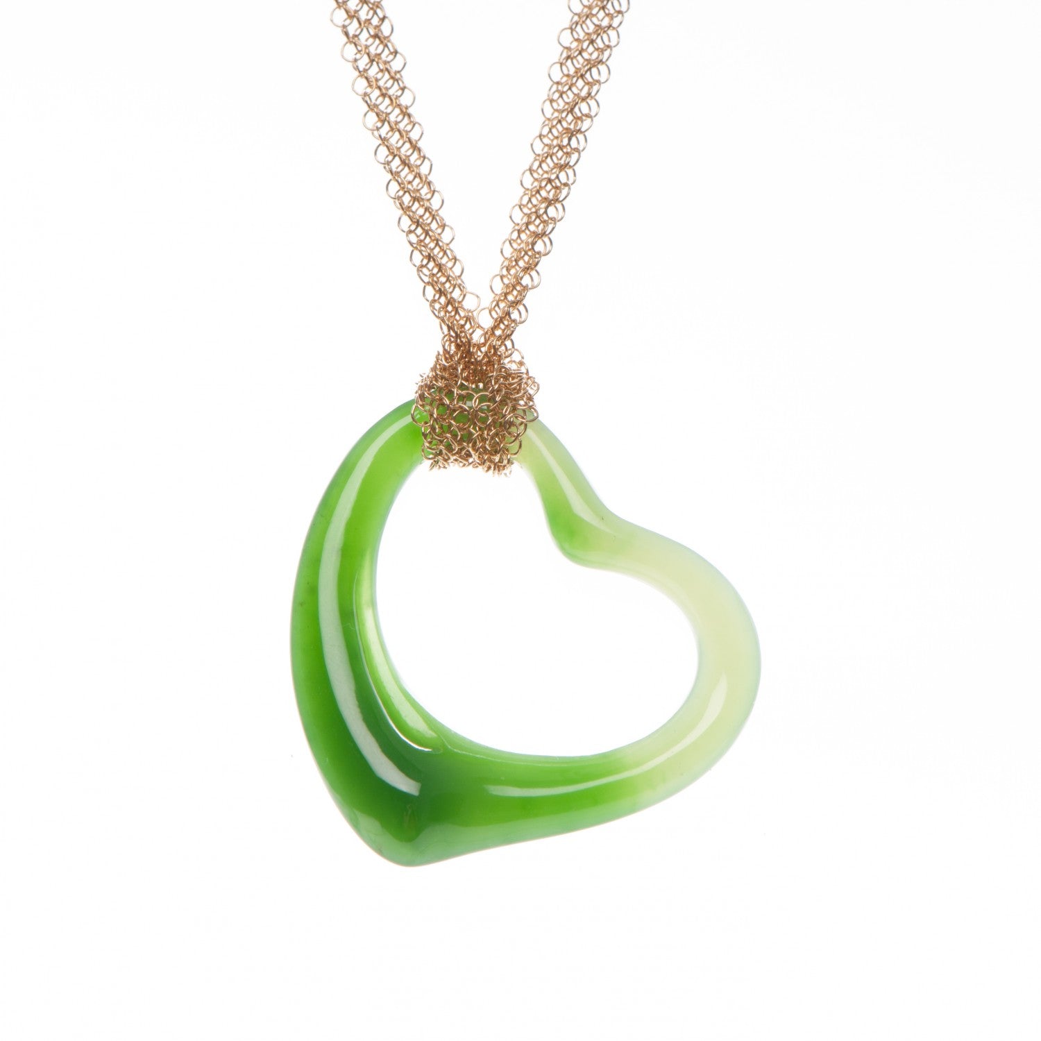 Tiffany 18K Yellow Gold Jade Open Heart Elsa Peretti Necklace 3 of 5