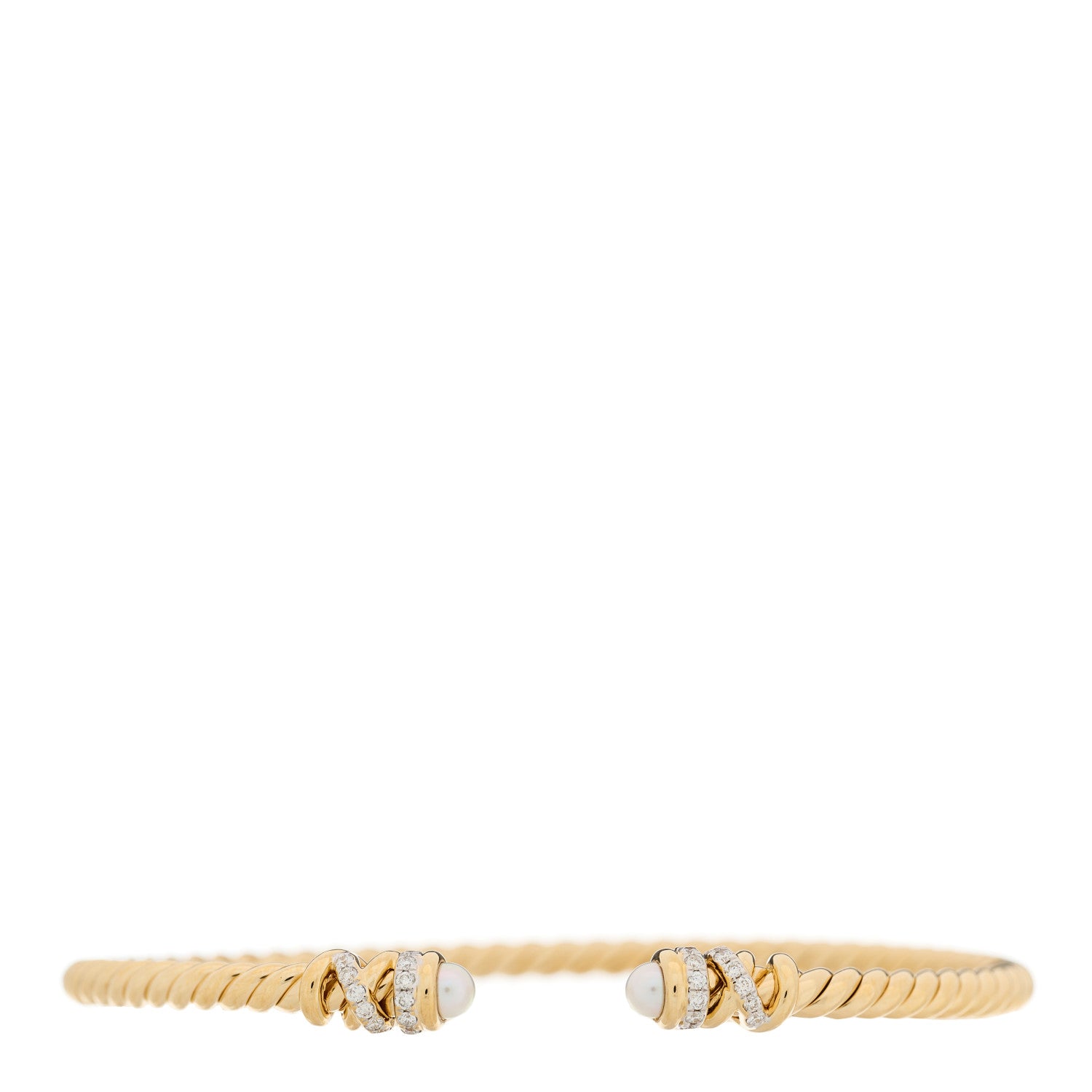 David Yurman 18K Yellow Gold Diamond Pearl 3mm Helena Cuff Bracelet 1 of 3
