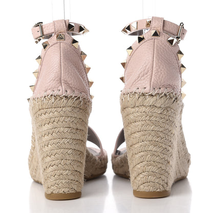 Valentino Garavani Grained Calfskin Rockstud Ankle Strap Espadrille 15/105mm Wedge Sandals 39 Rose Quartz Natural 6 of 9