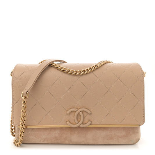 Grained Calfskin Stitched Enamel CC Flap Bag Beige