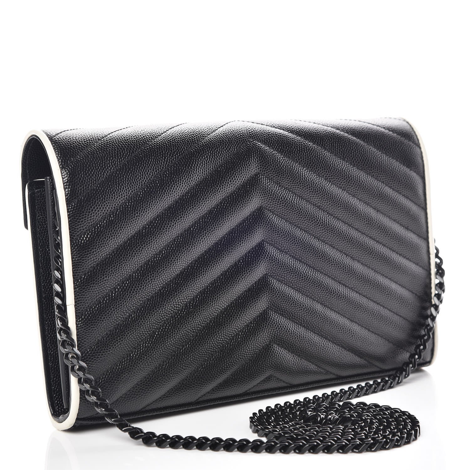 Saint Laurent Grain De Poudre Matelasse Chevron Monogram Chain Wallet Black White 3 of 14