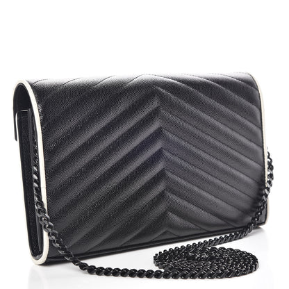 Saint Laurent Grain De Poudre Matelasse Chevron Monogram Chain Wallet Black White 3 of 14