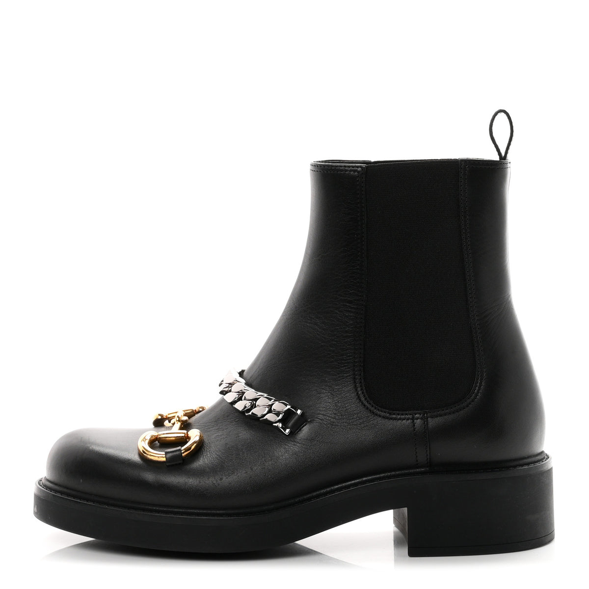 Gucci Flores Calfskin Horsebit Chain Ankle Boots 39 Black 1 of 10