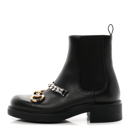 Gucci Flores Calfskin Horsebit Chain Ankle Boots 39 Black 1 of 10