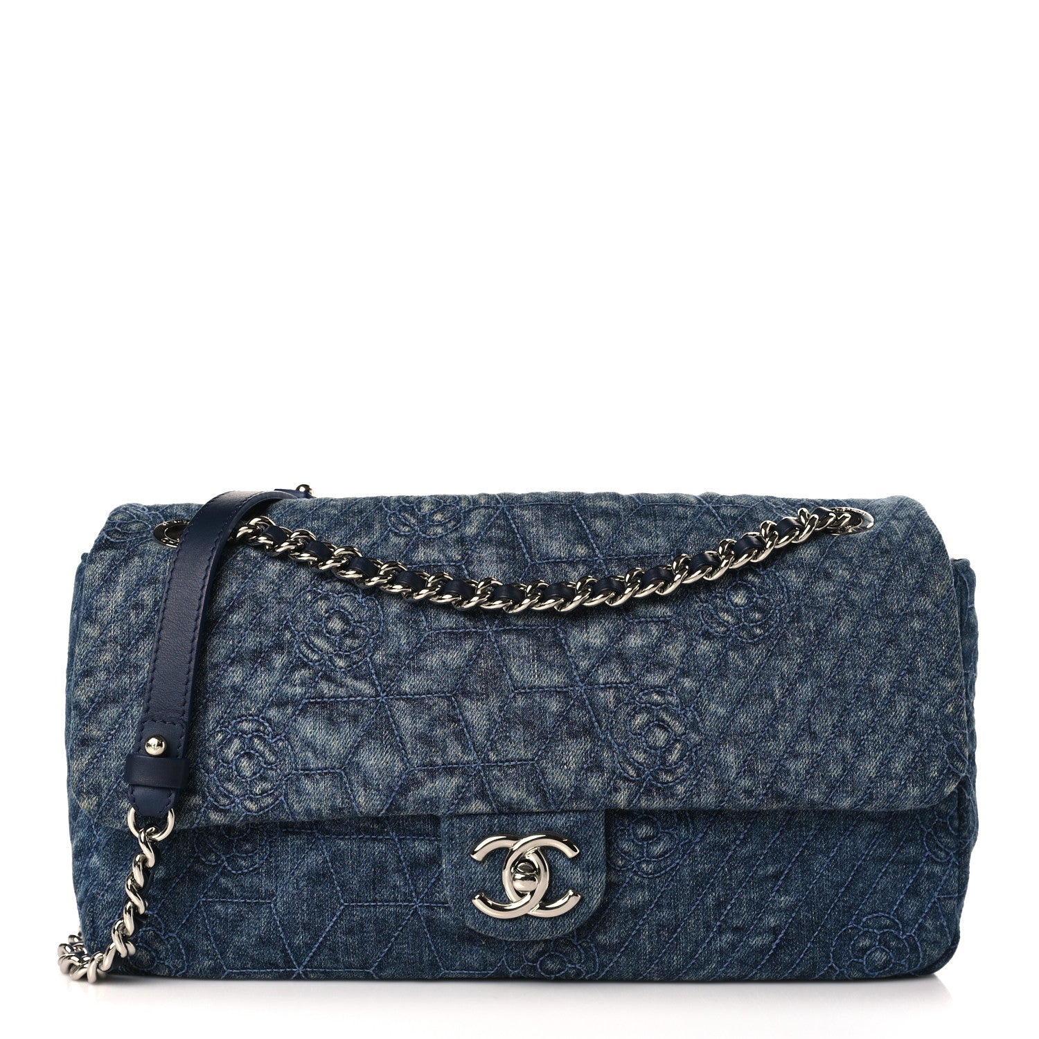 Chanel Denim Camellia Embroidered Large Flap Blue 1 of 9