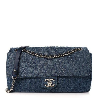 Chanel Denim Camellia Embroidered Large Flap Blue 1 of 9