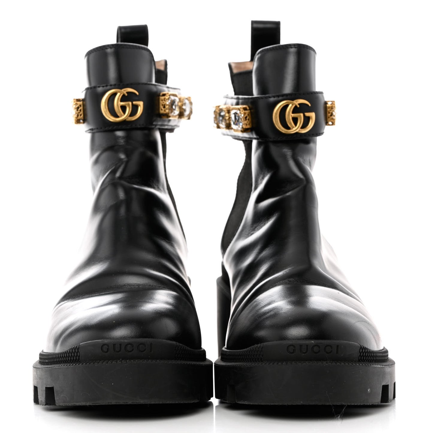 Calfskin Crystal GG Trip Chelsea Ankle Boots 37.5 Black