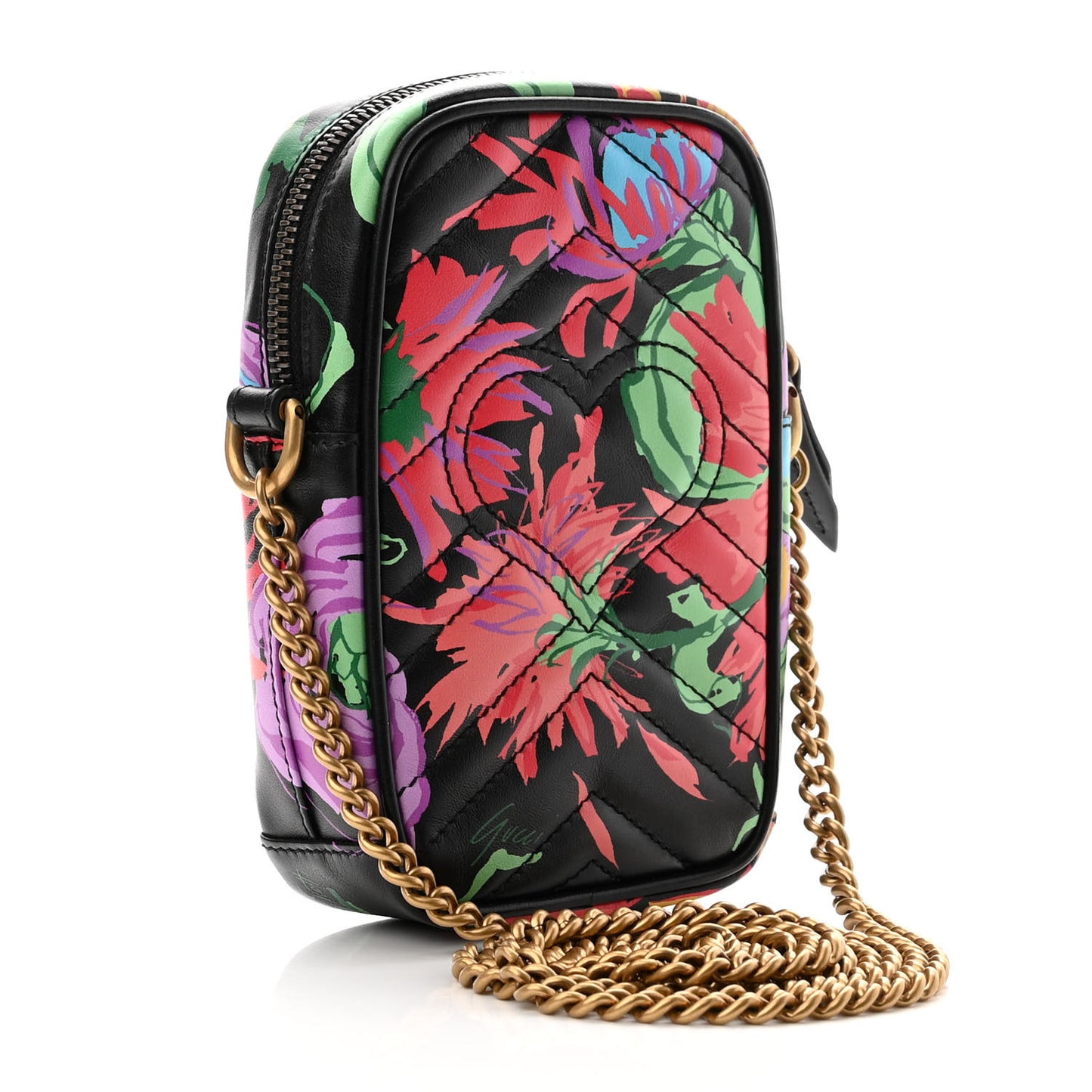 X KEN SCOTT Calfskin Matelasse Floral Infinity Mini GG Marmont Crossbody Bag Black Pink
