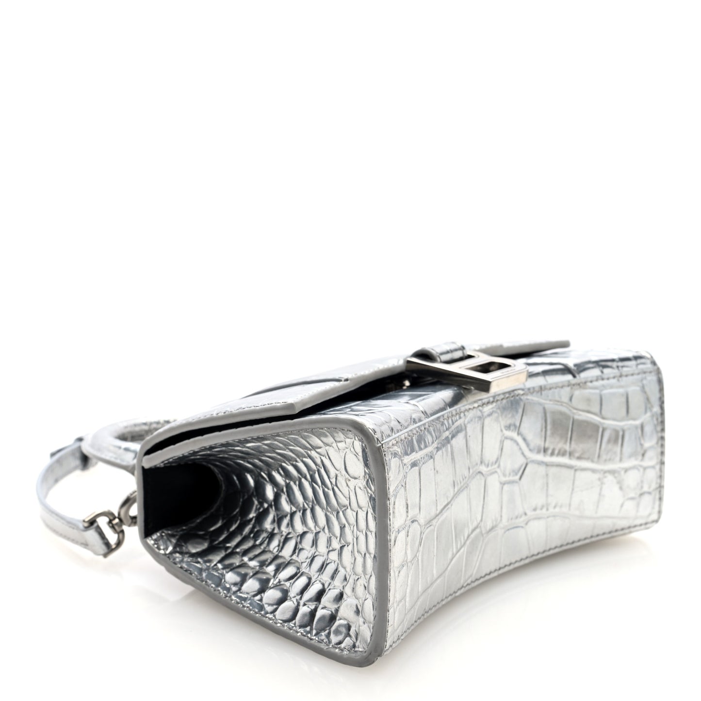 Metallic Calfskin Crocodile Embossed Hourglass Top Handle Bag XS Silver