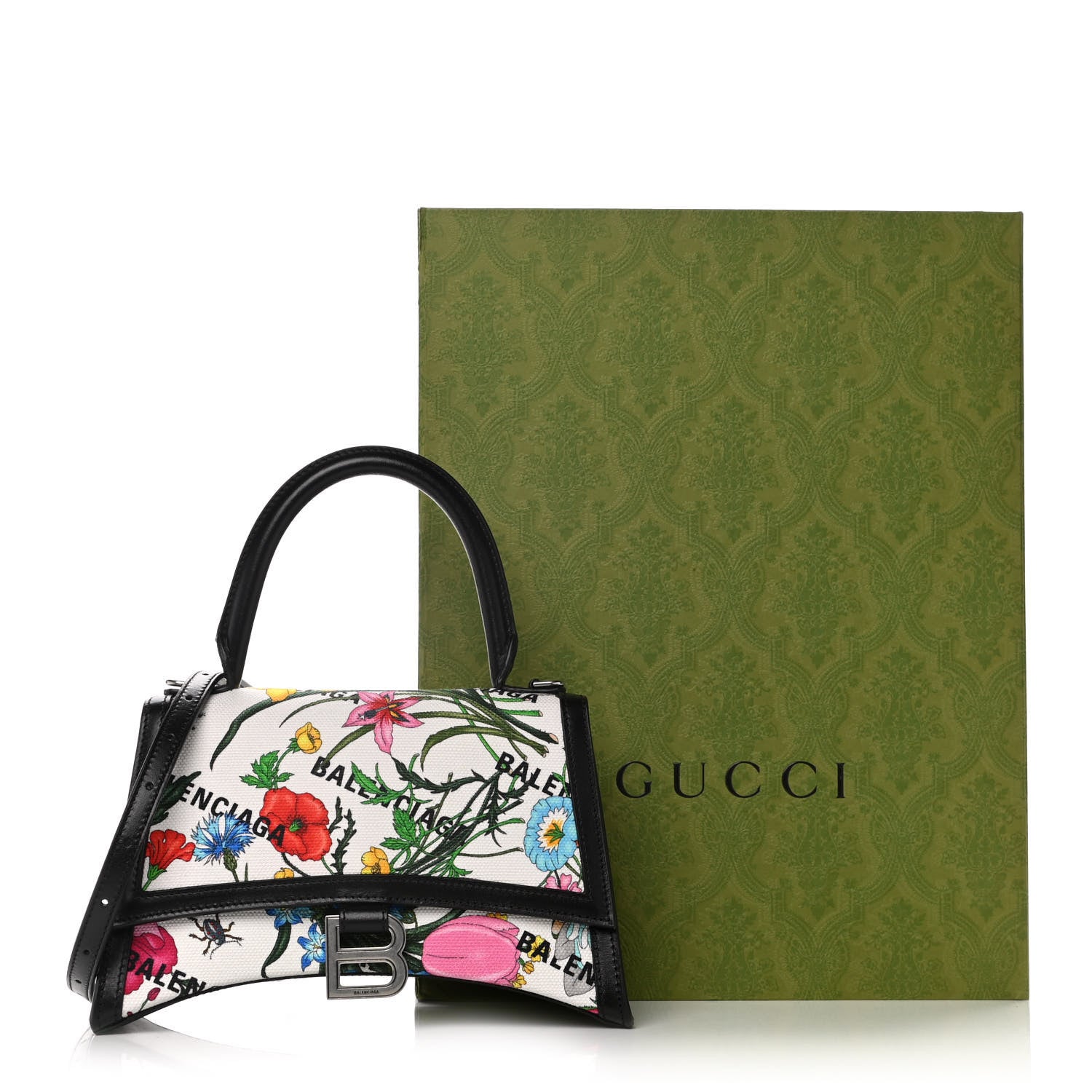 Balenciaga X GUCCI Canvas Boarded Plutone Calfskin Flora Logo Print Small Hourglass Top Handle Bag White Multicolor Black 13 of 13