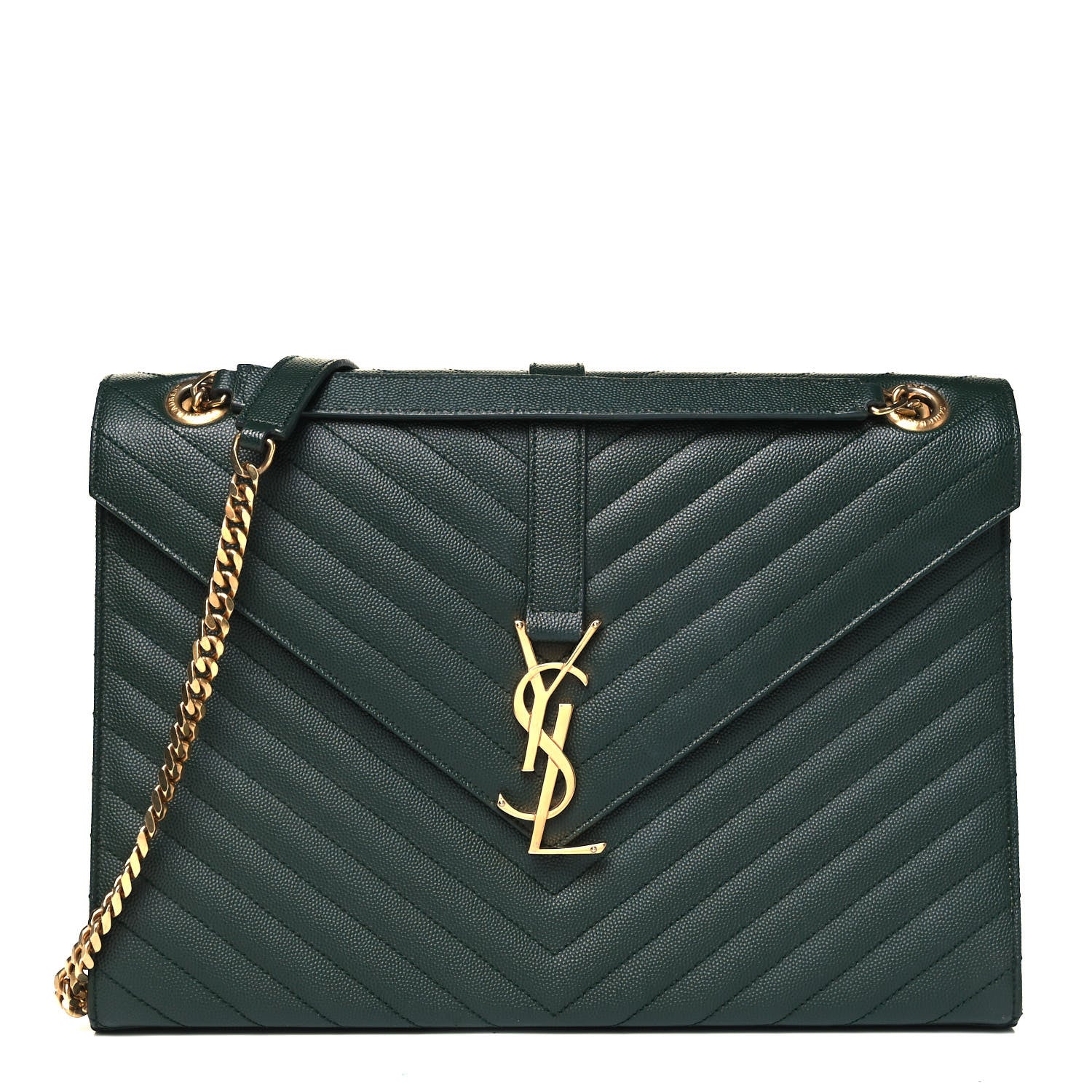 Saint Laurent Grain De Poudre Matelasse Chevron Large Monogram Satchel Dark Green 1 of 8