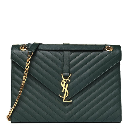 Saint Laurent Grain De Poudre Matelasse Chevron Large Monogram Satchel Dark Green 1 of 8