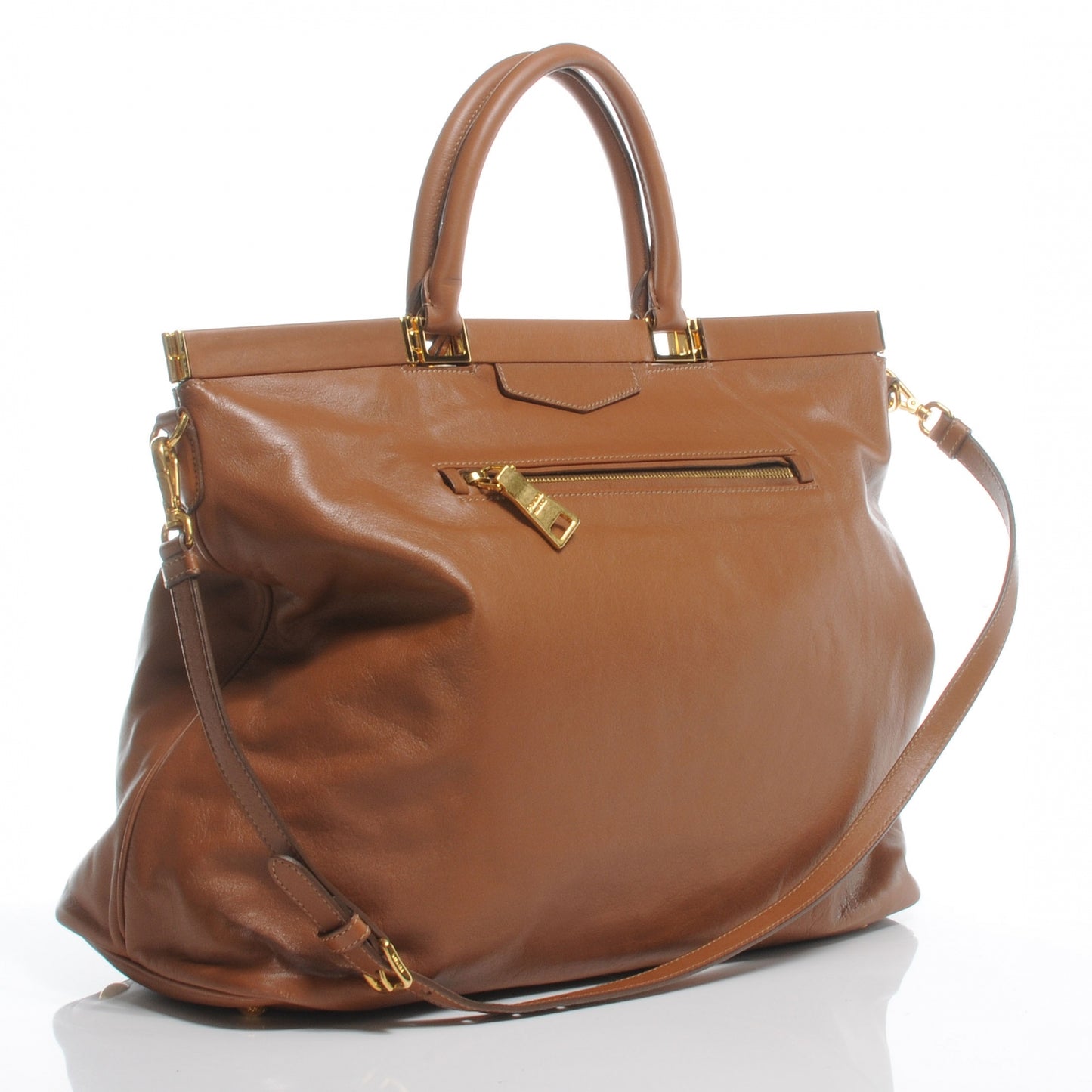 Vitello Leather Large Frame Tote Camel