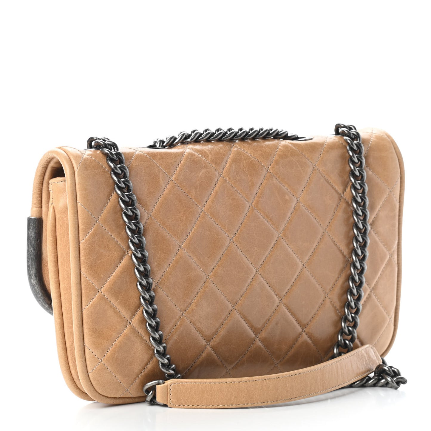 Glazed Calfskin Quilted Flap Beige