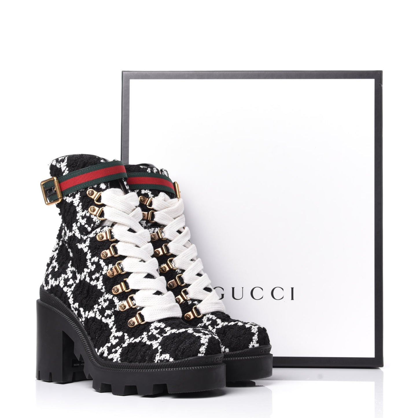 Tweed GG Monogram Lace Up Combat Ankle Boots 36.5 Black