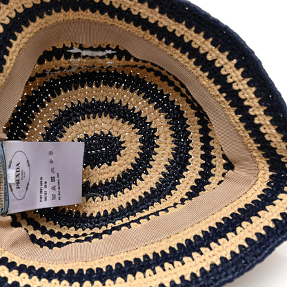 Prada Raffia Striped Logo Embroidered Womens Bucket Hat M Naturale Baltico 6 of 7