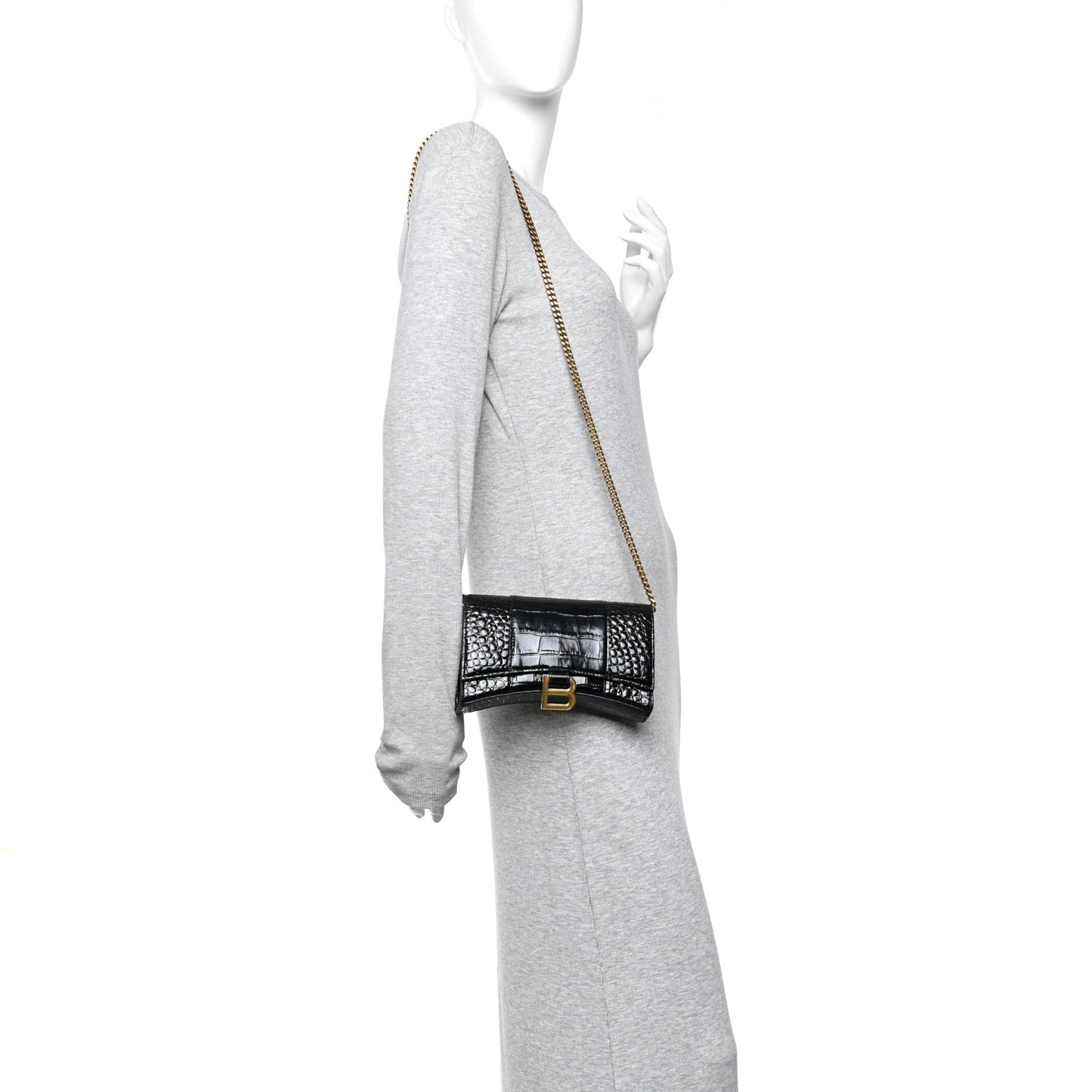 Shiny Calfskin Crocodile Embossed Hourglass Chain Bag  Black