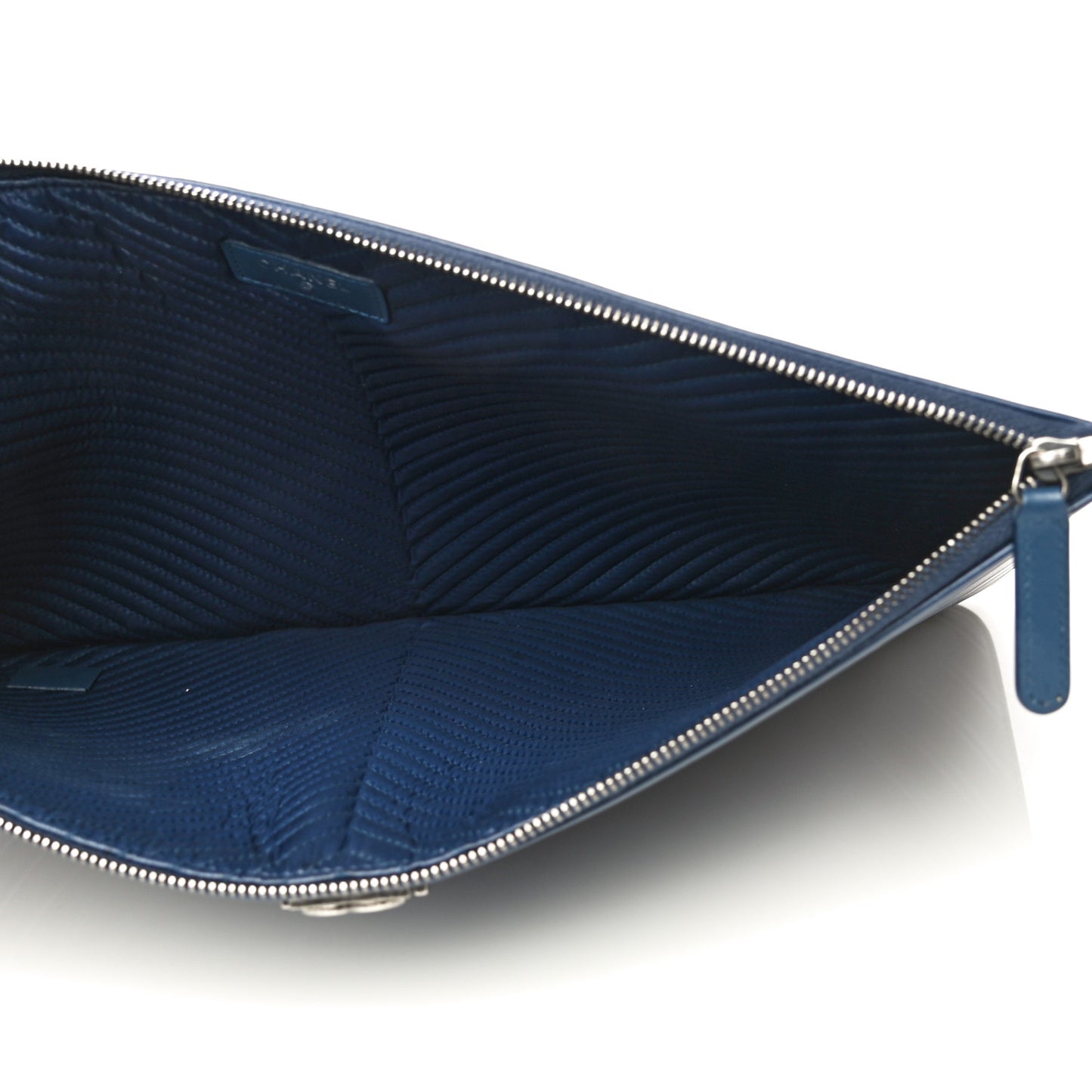 Calfskin Painted Chevron Embossed Large Boy Zip Pouch Green Navy