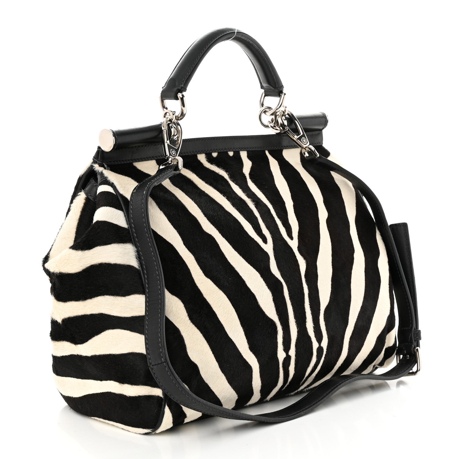 Dolce & Gabbana Calf Hair Zebra Print Large Miss Sicily Satchel Black White 3 of 10