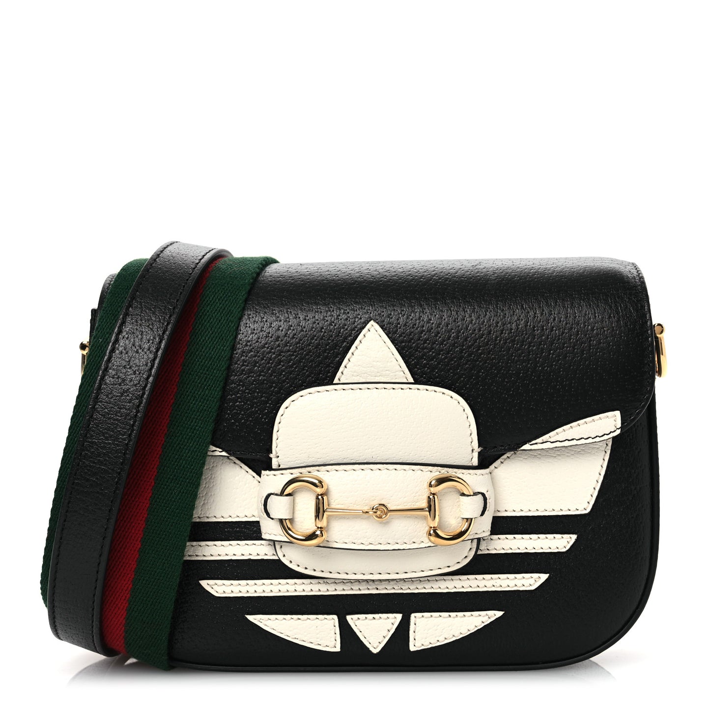 X ADIDAS Textured Dollar Calfskin Web Trefoil Mini Horsebit 1955 Shoulder Bag Black Off White