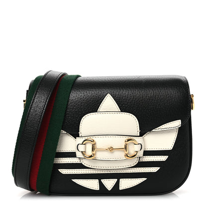 Gucci X ADIDAS Textured Dollar Calfskin Web Trefoil Mini Horsebit 1955 Shoulder Bag Black Off White 8 of 11