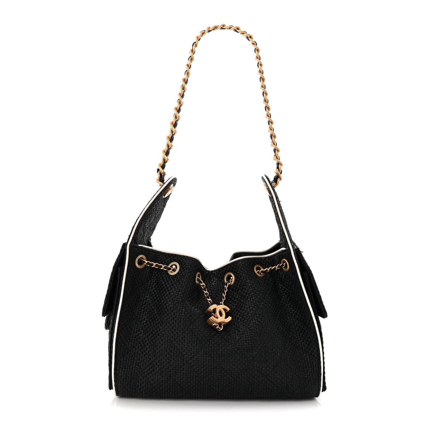 Braided Raffia Calfskin Small Chanel 25 Handbag Black White