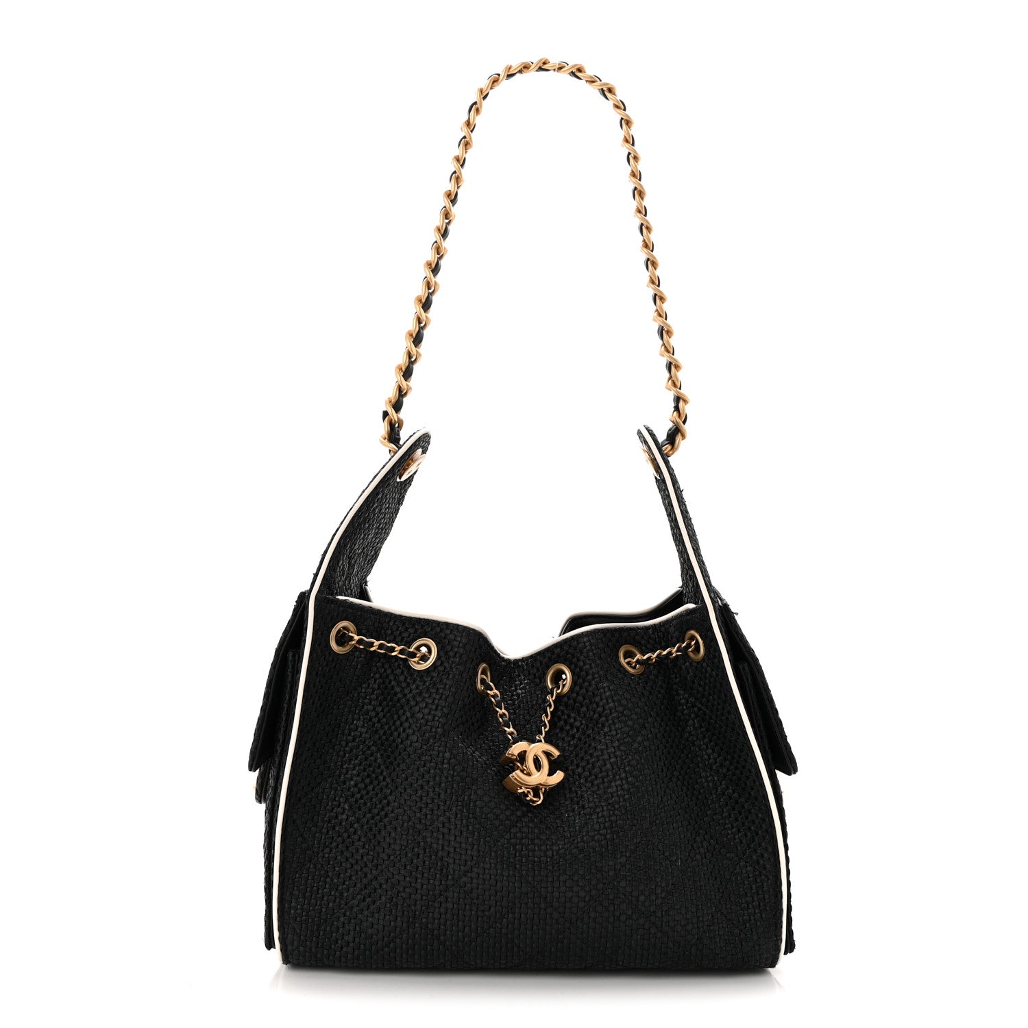 Chanel Braided Raffia Calfskin Small Chanel 25 Handbag Black White 1 of 11
